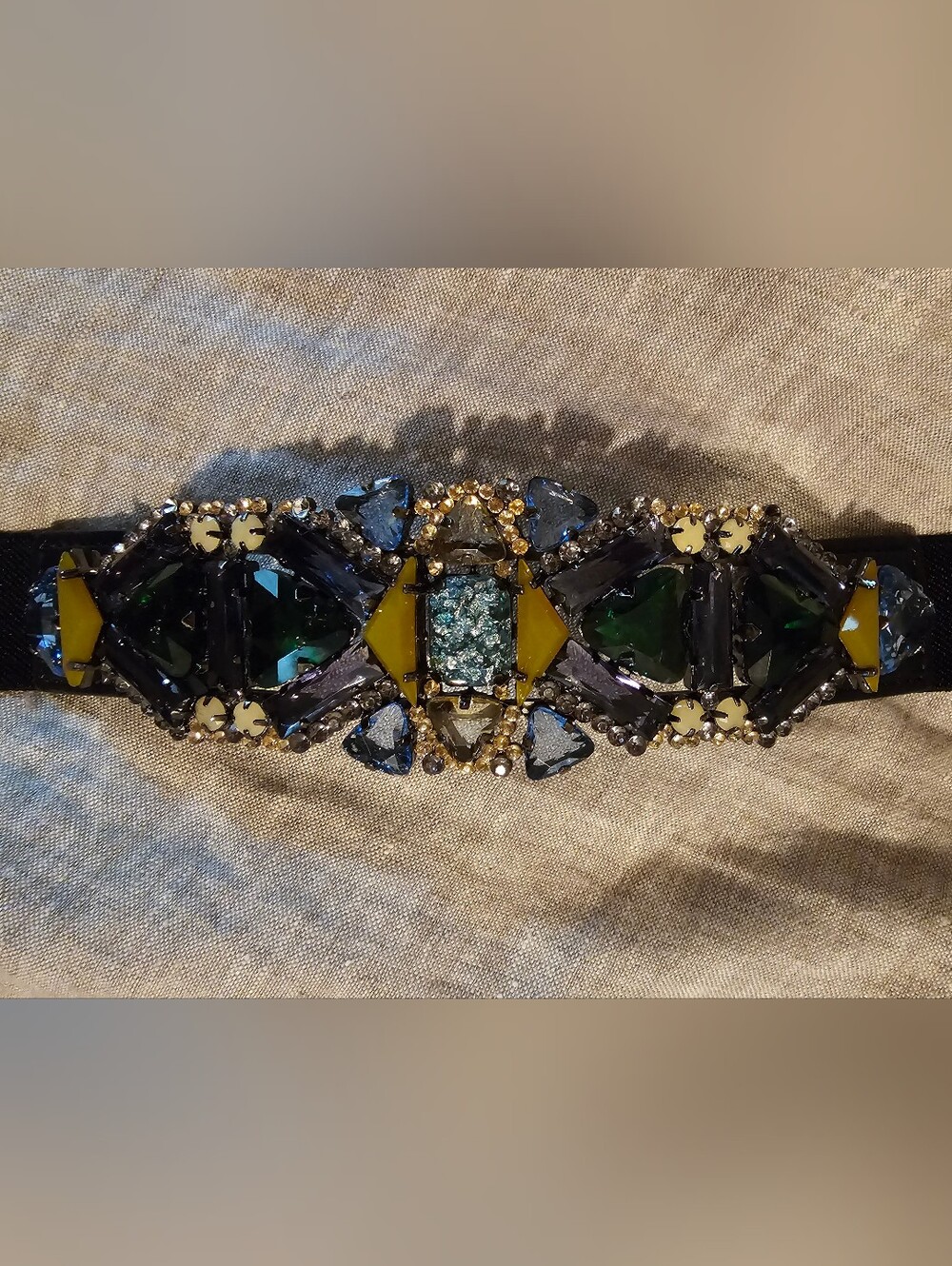 BCBGMAXAZRIA Vintage Art Deco Multi-Gem Stone Elastic Waist Belt Green Blue